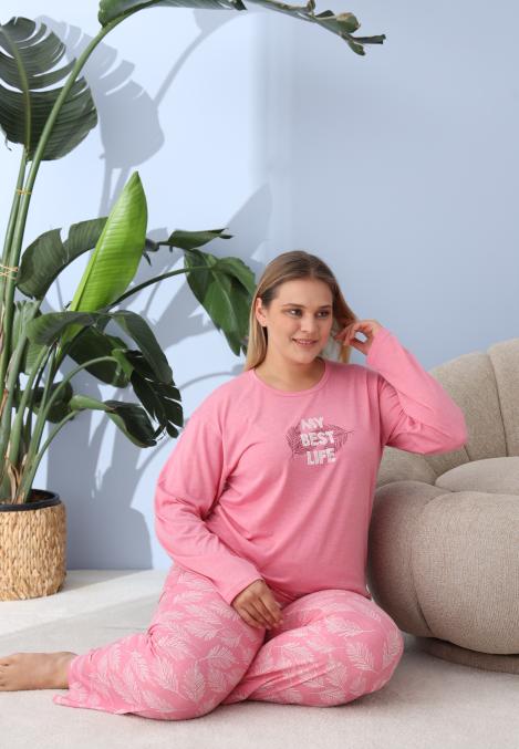 Pijama Dama ,Big Size ,''My best Life" cu Pantloni si Maneca lunga, Culoare Roz,Engros